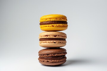 Three macarons stacked vertically on a bright white background with a yellow one leaning inward - obrazy, fototapety, plakaty