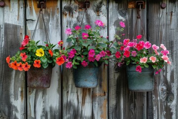 Fototapeta na wymiar Three hanging flower pots on balcony with wooden wall