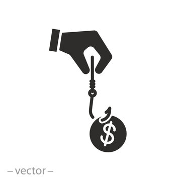 financial trap icon, money bait, dollar coin on hook, business fishing concept, flat symbol on white background - vector illustration