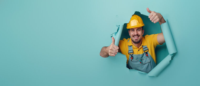 A worker in a yellow hard hat and grey overalls makes a thumbs-up sign through a torn paper