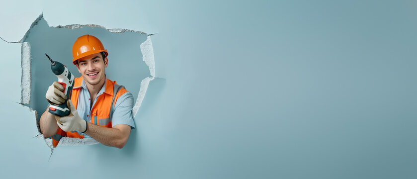 A man in a safety vest and hard hat wields a drill while smiling, looking out from a ragged hole in blue paper