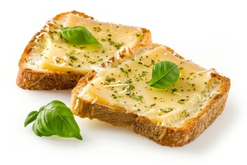 Toasted bread with cheese and basil on white background