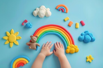 Toddler creates clay bear amidst colorful rainbow and sun on blue table