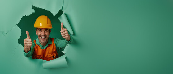 A smiling construction worker in green giving a thumbs up through a paper tear