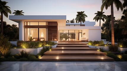 A modern house with an ivory-colored facade, accented by sleek lines and minimalist landscaping, exuding timeless elegance in a contemporary setting