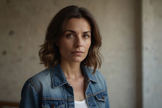Close-up portrait photography of an Italian woman in her 40s wearing a jacket