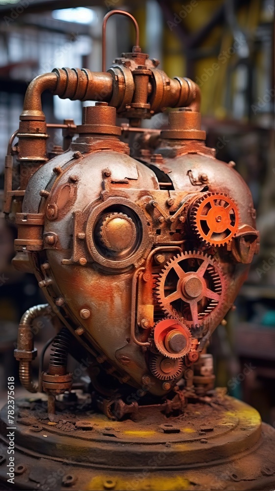 Poster rusty mechanical heart in sci-fi and fantasy generative ai