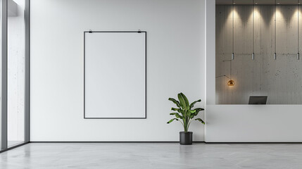 A blank poster mockup displayed in a sleek, modern office lobby, mounted on a pristine white wall beside a minimalist reception desk, with soft. 32k, full ultra hd, high resolution