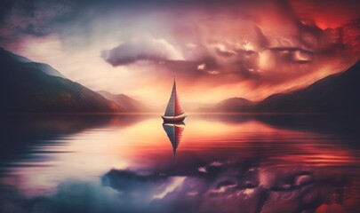 Serene Sailboat Gliding on Tranquil Lake at Sunset Generative AI