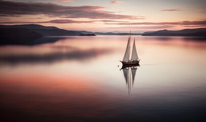 Serene Sunset Sailing on a Tranquil Lake Generative AI - obrazy, fototapety, plakaty