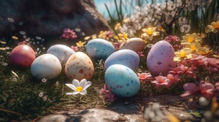 Fototapeta na wymiar Serene Easter Scene with Flowers Generative AI