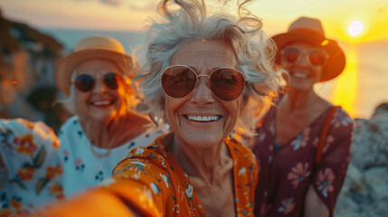 set of older women taking a selfie enjoying nature
