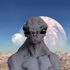 Illustration of a muscled body alien upper torso and large black eyes looking forward against dual moons on an extraterrestrial world.