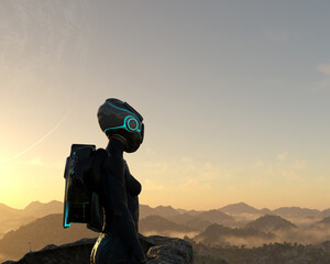 Illustration of a woman wearing a full helmet and backpack looking at an alien world.