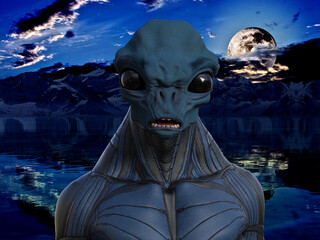 Illustration of a blue skinned alien with mouth slightly open looking forward with a full moon and water in the dark.