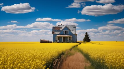 A picturesque farmhouse with a yellow tin roof, nestled in the countryside amid fields of swaying wheat and wildflowers