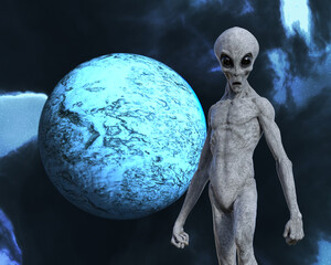 Illustration of a gray alien standing with clenched hands in front of a blue planet. - 782377056
