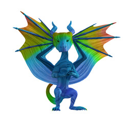 Illustration of a rainbow dragon looking forward with hands clasped while standing isolated on a white background.