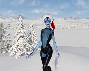 Illustration of a female alien with a Santa Claus hat on against a snowy background.