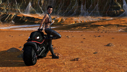 Illustration of an exotic woman wearing a leather outfit leaning against a futuristic motorcycle on an alien world. - 782377265
