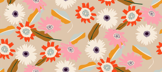 Simple minimalistic summer tropical floral seamless pattern
