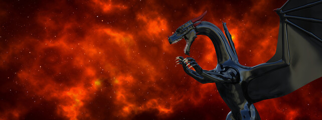 Illustration of a black fierce dragon with open mouth and claws up in the foreground with a fiery space nebula in the background. - 782377480
