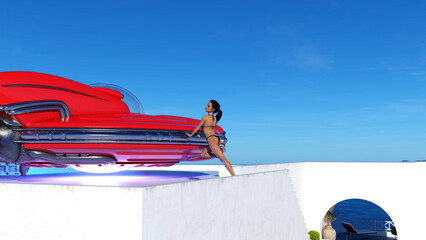 Illustration of a young woman leaning on a bright red flying saucer at a resort with blue sky in the background. - 782377494