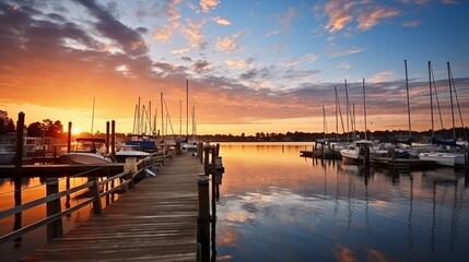 Experience breathtaking coastal sunset views with serene waterfront scenery, capturing the tranquil beauty of a dockside sunset by the harbor.
