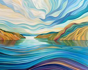 rainbow vistas ii'' art by person, in the style of contemporary canadian art, smooth lines, oil on panel, calm waters, expansive landscapes, aboriginal art, striped painting