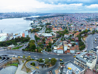Drone view of Istanbul near the Golden Horn Bridge, Turkey. A view of Istanbul city and city life from above.