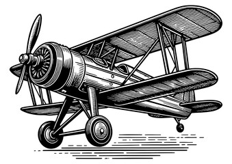 biplane vintage plane, reminiscent of early aviation history sketch engraving generative ai PNG illustration. Scratch board imitation. Black and white image.