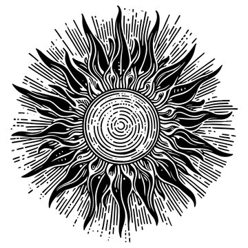 sun with radiating beams sketch engraving generative ai PNG illustration. Scratch board imitation. Black and white image.