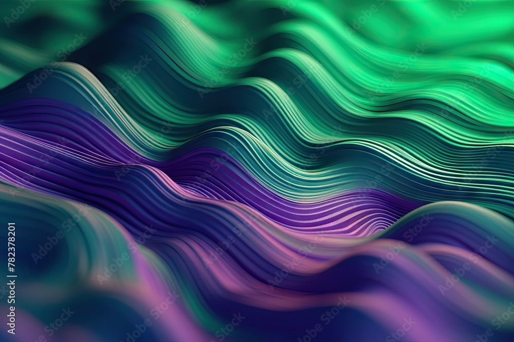 Poster Vibrant Abstract Landscape with Flowing Green and Violet Waves Generative AI