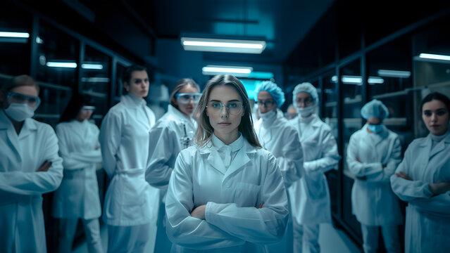 A young scientist in a white lab coat conducts research in a state-of-the-art lab with a bunch of people behind him