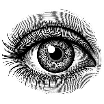 Detailed human eye, with intricate iris and eyelash details sketch engraving generative ai fictional character PNG illustration. Scratch board imitation. Black and white image.
