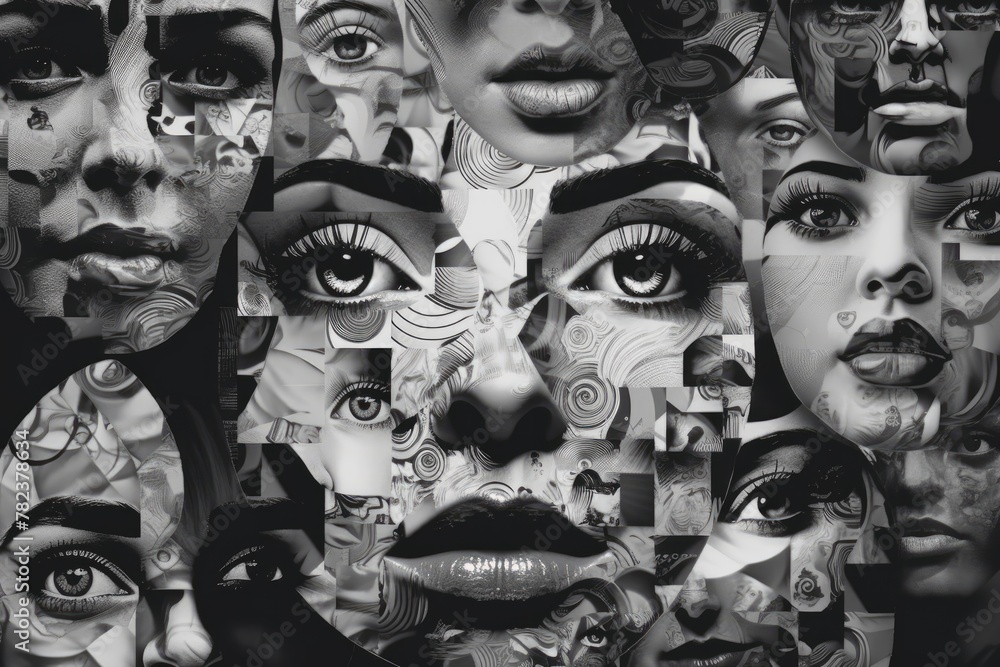 Poster collage of abstract faces and shapes generative ai