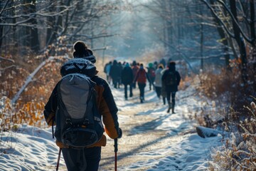 A backpacker with hiking sticks follows winter tourists in forest - obrazy, fototapety, plakaty