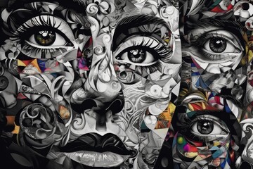 Faces and Abstract Elements in Black, White, and Vibrant Colors Generative AI