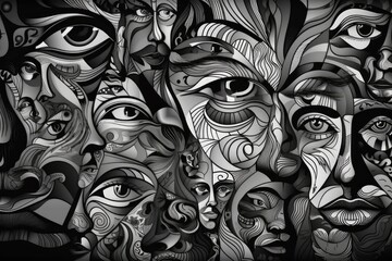 Collage of Abstracted Faces in Black, White, and Color Generative AI