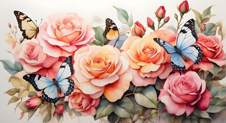 watercolor painting of vibrant tropical butterflies on delicate rose blooms in a garden - obrazy, fototapety, plakaty