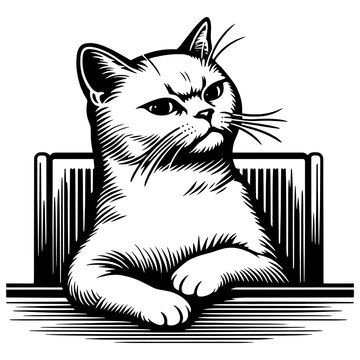 Skeptical cat sketch engraving generative ai PNG illustration. Scratch board imitation. Black and white image.