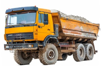 A dump truck is used for dumping sand in construction on a white background