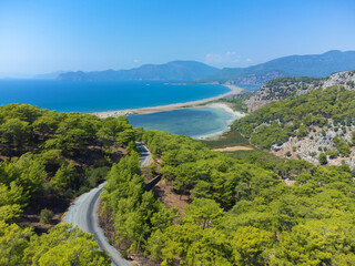 Beautiful, delightful landscape from a drone to Iztuz Beach on a sunny day, Dalyan, Turkey. Next to...