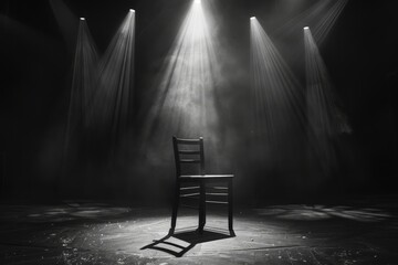 A lone wooden chair on a stage lit by soffits in black and white - obrazy, fototapety, plakaty