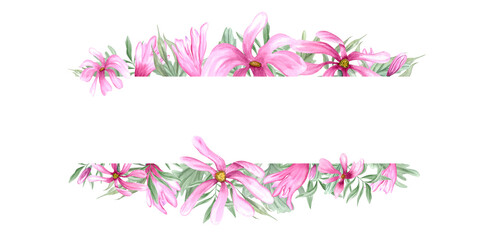 Abstract pink flowers. Green leaves and magnolia flowers. Horizontal romantic frame with copy space for text. Watercolor illustration isolated on white background. For postcards, invitation, greetings