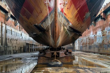 A ship in dry dock with azimuth propulsion and twin aft propellers
