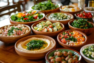 Obraz premium A variety of Lebanese starters and salads with a focus on hummus