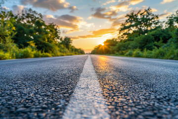 Low angle view of an empty asphalt road at sunset. - Powered by Adobe