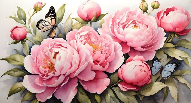 vivid watercolor paintings of peonies and butterflies