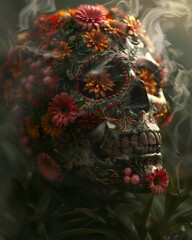 A mexican sugar skull with flowers and smoke surrounding it.